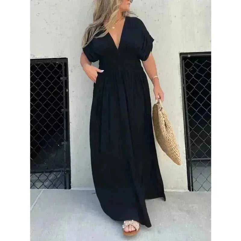 batwing sleeve dress | v-neck summer dress | elastic waist long dress | ultrasonic cleaning