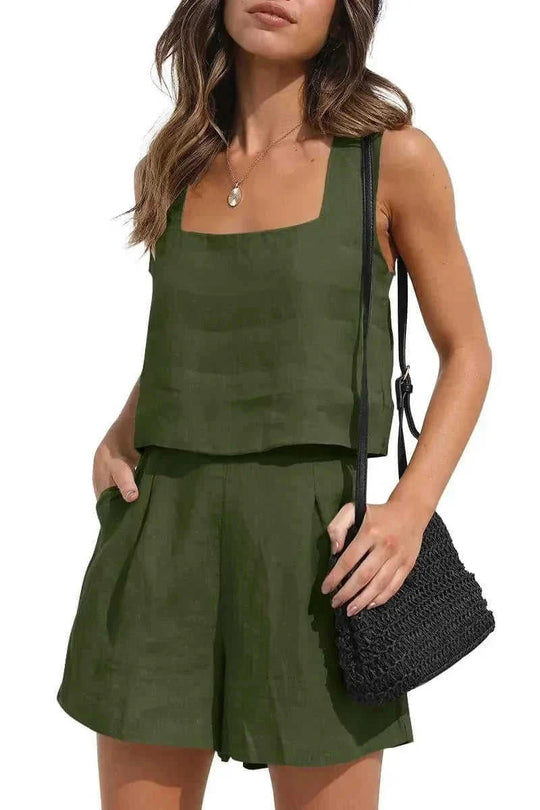 square neck top and shorts set | polyester spandex lounge set | summer casual two piece outfit | ultrasonic cleaning