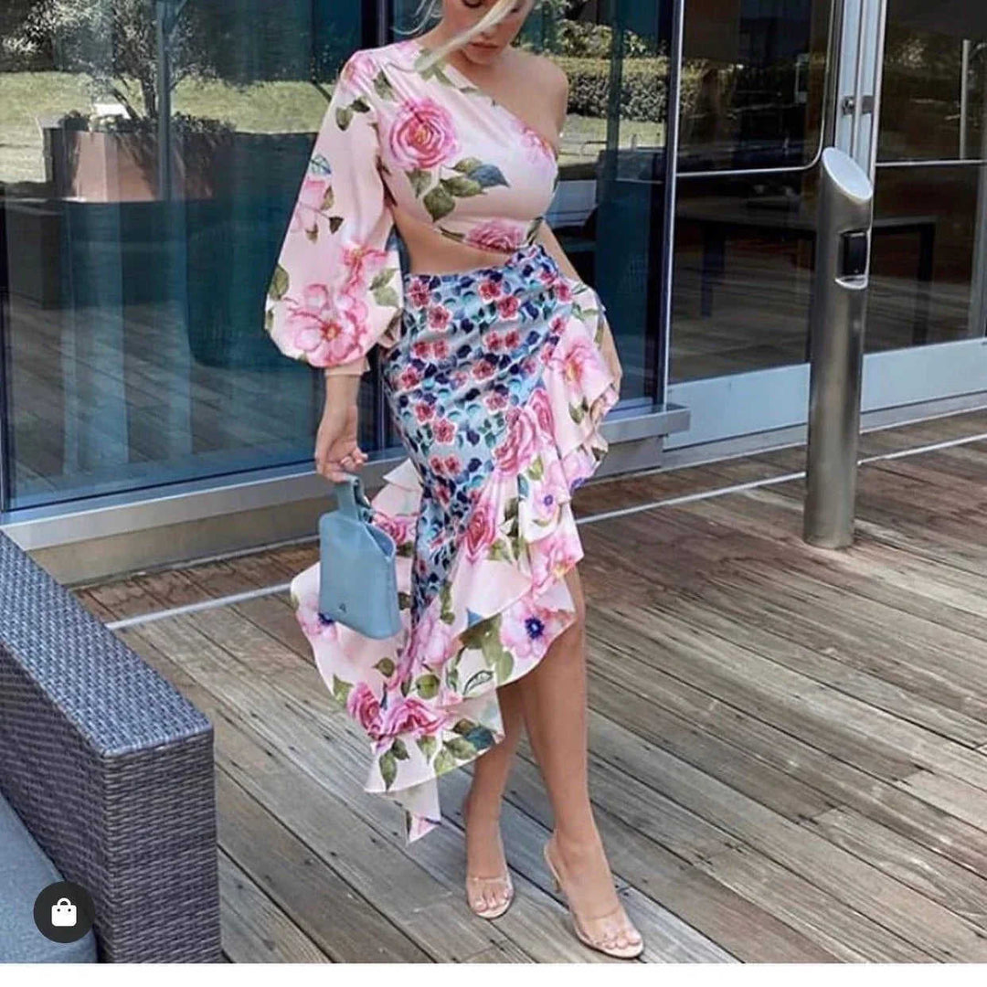 Women's Long Dress Asymmetric Tube Top Single Sleeve Waist-tight Floral Stitching Meifu Market