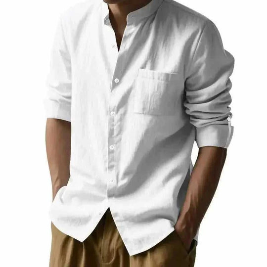 long sleeve stand collar shirt | mens casual shirt with pockets | cotton linen blend shirt | ultrasonic cleaning