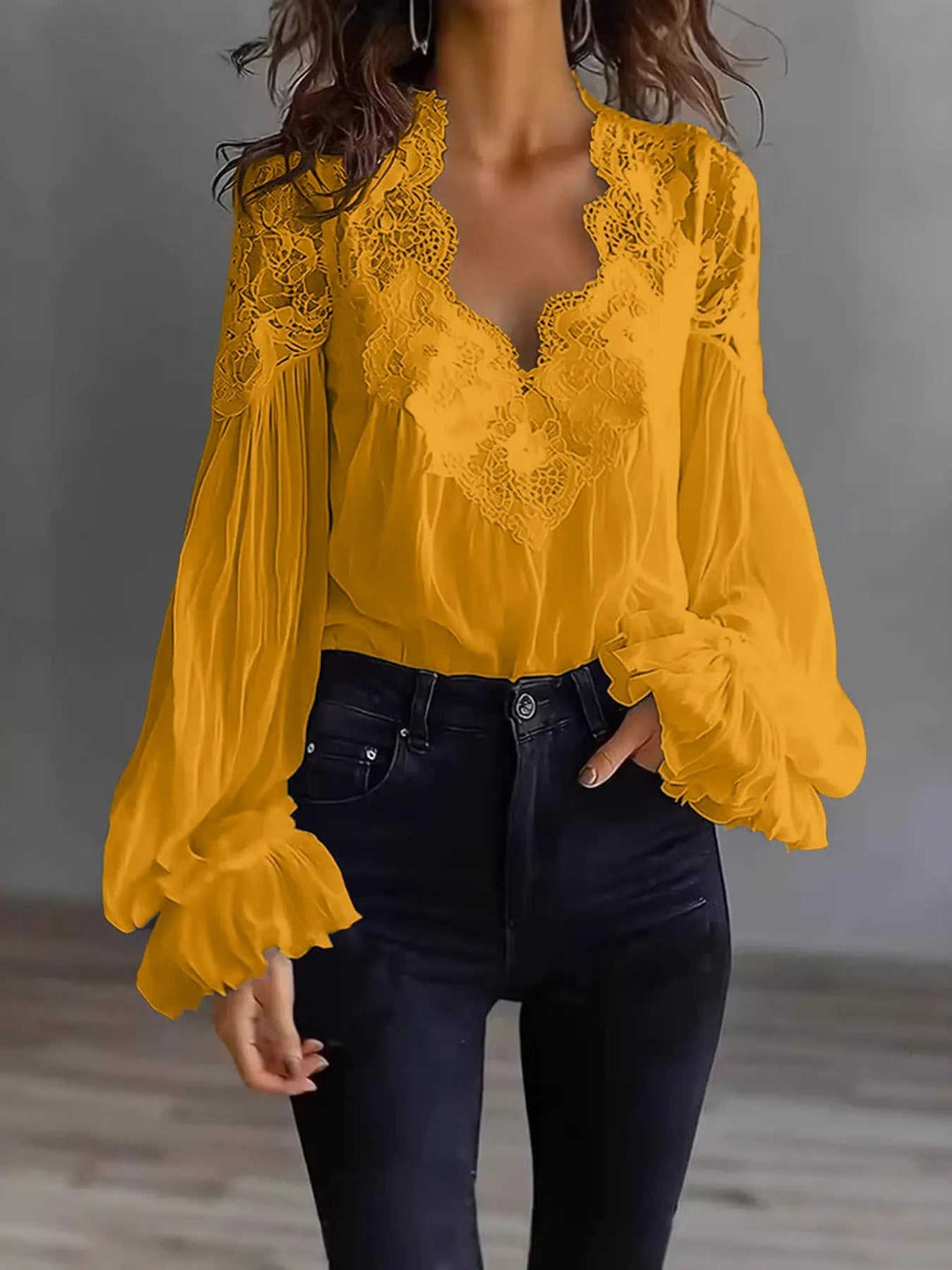 Women's Lace-Panel Puff-Sleeve Pleated Shirt - Meifu Market