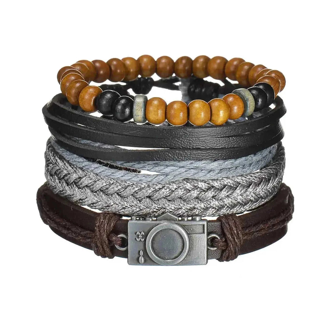 braided leather bracelet for men | vintage charm wood beads | adjustable wrap wristband | energy saving