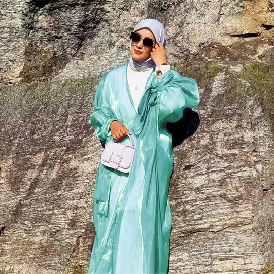 lace-up satin cardigan robe | open front abaya with bow | lily satin kimono robe | ultrasonic cleaning
