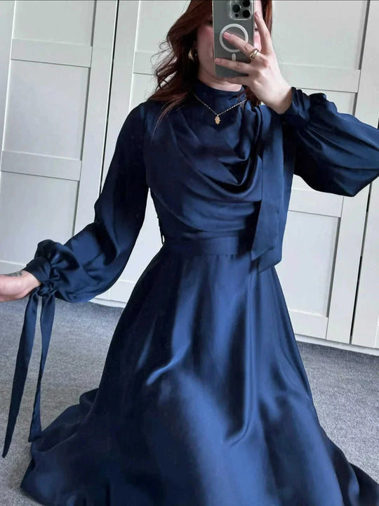 satin fabric maxi dress | plunge neckline long sleeve dress | strappy back evening gown | energy saving