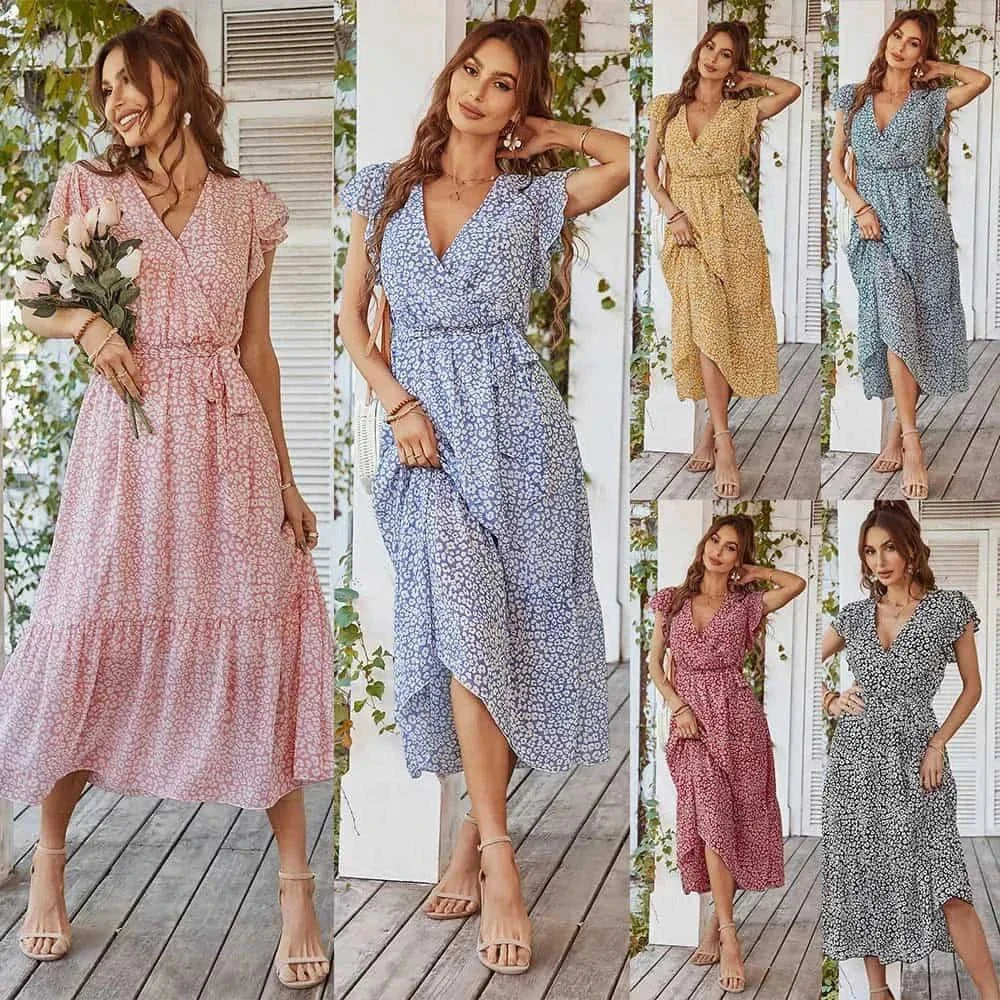 ruffle cap sleeve dress | v-neck wrap belt dress | boho floral maxi dress | ultrasonic cleaning