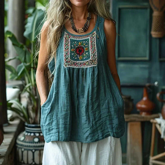 breathable cotton fabric | loose fit v-neck vest | ethnic style women top | ultrasonic cleaning