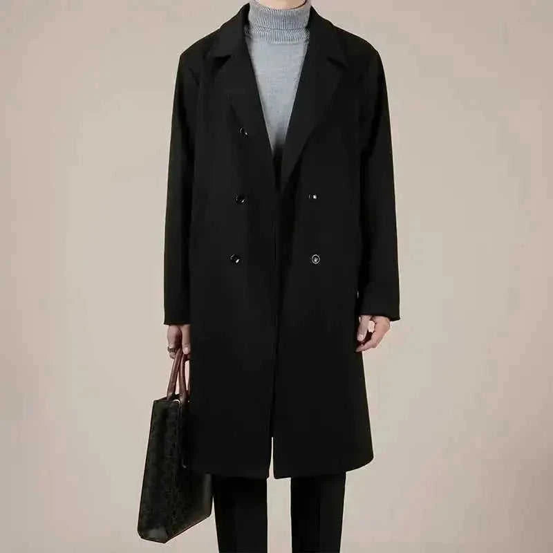 wool blend trench coat | mid-length winter coat | korean style overcoat | ultrasonic cleaning