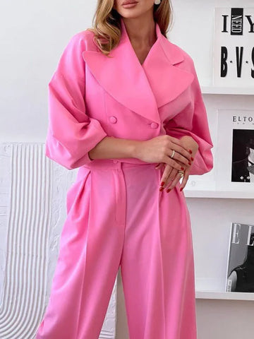 polyester blend suit set | petite size blazer pantsuit | high waisted trousers set | ultrasonic cleaning