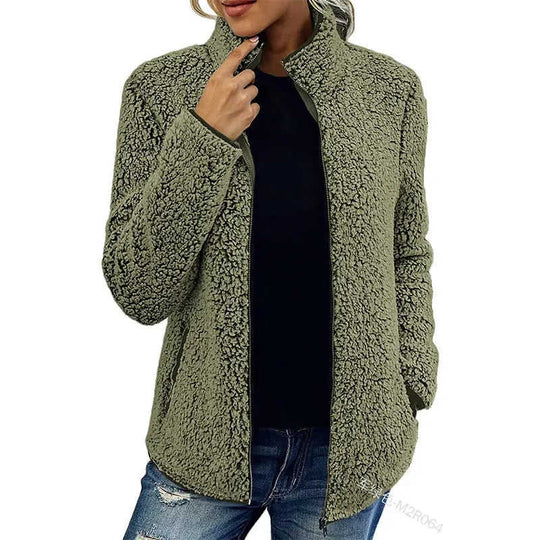 Fall Winter Warm Sweatshirt Stand Collar Solid Color Top Sweater Women's Casual Fashion Long Sleeve Zipper Bubble Velvet Coat Tops Meifu Market