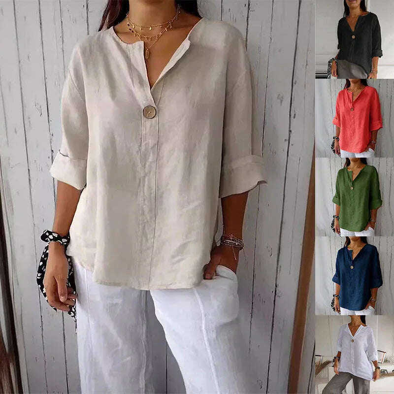 V-neck Long-sleeved T-shirt Fashion Loose Cotton And Linen Button Tops For Women Meifu Market