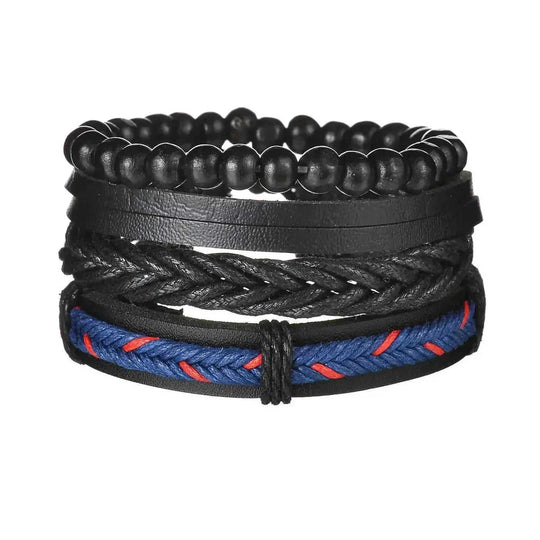 braided leather bracelet for men | vintage charm wood beads | adjustable wrap wristband | ultrasonic cleaning