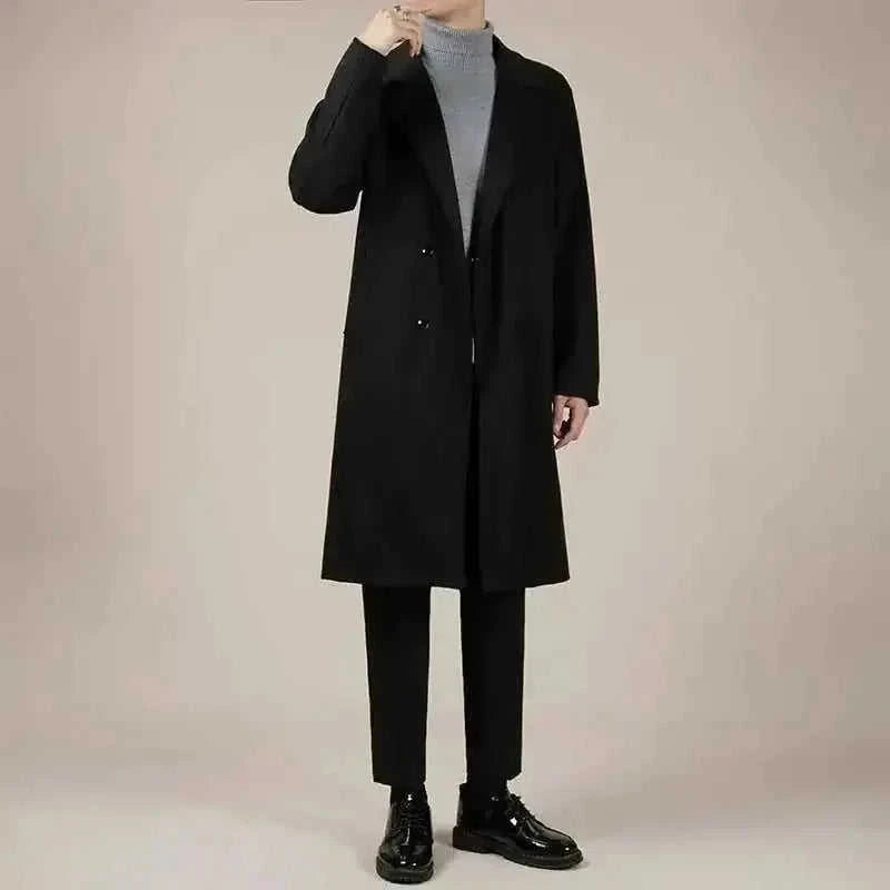 wool blend trench coat | mid-length winter coat | korean style overcoat | energy saving