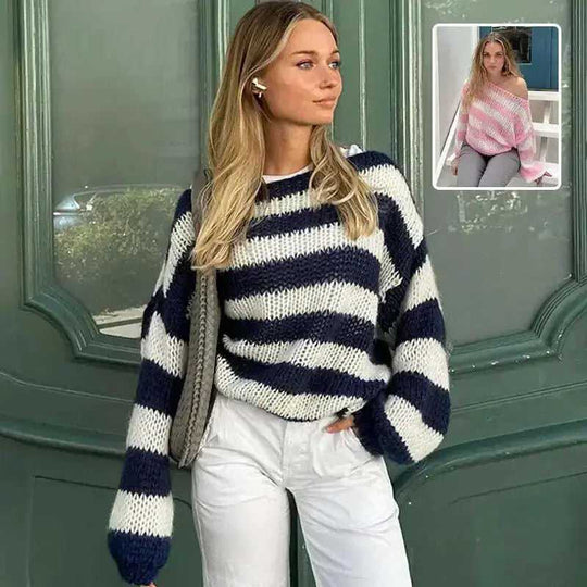Loose Striped Pullover Sweater Fashion Versatile Long-sleeved Knitted Tops For Women Clothing S - front view 0