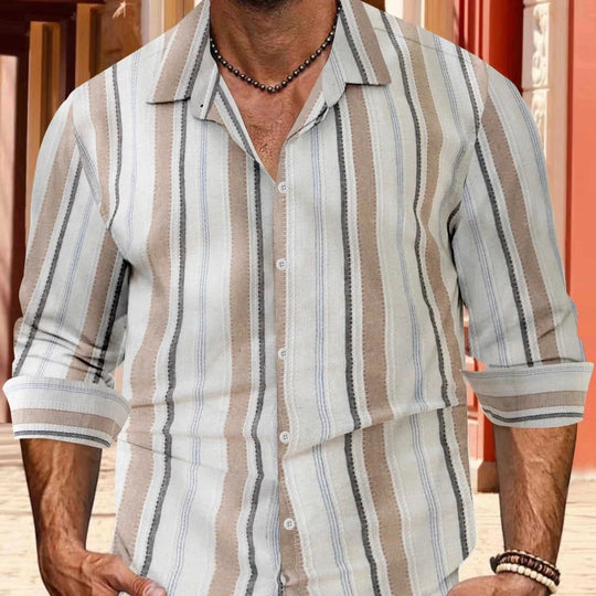 striped cotton linen shirt | mens long-sleeved button down | breathable linen blend shirt | ultrasonic cleaning