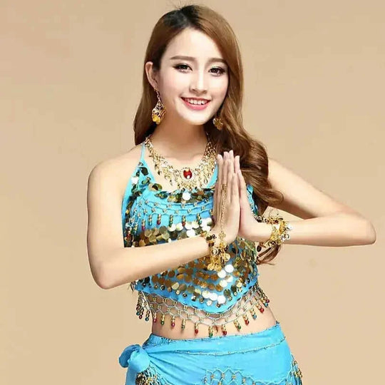 sequined dance top | chili red bra top | stretchable dance costume | ultrasonic cleaning