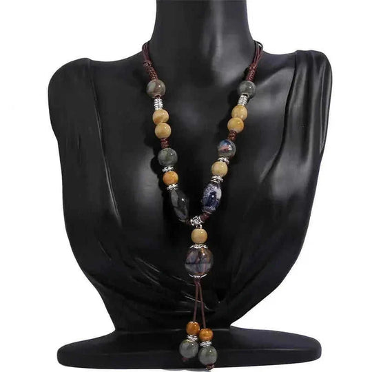 retro ceramic beaded necklace | hollow leaf pendant necklace | layered boho necklace for women | energy saving