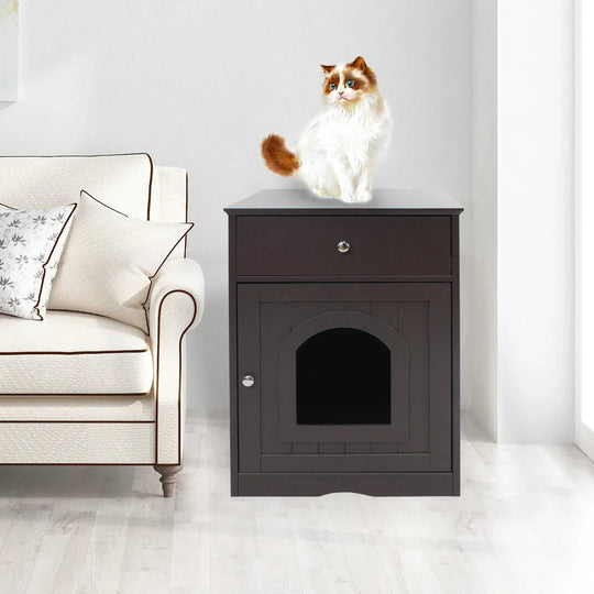 Wooden Pet House Cat Litter Box Enclosure With Drawer & Side Table Meifu Market