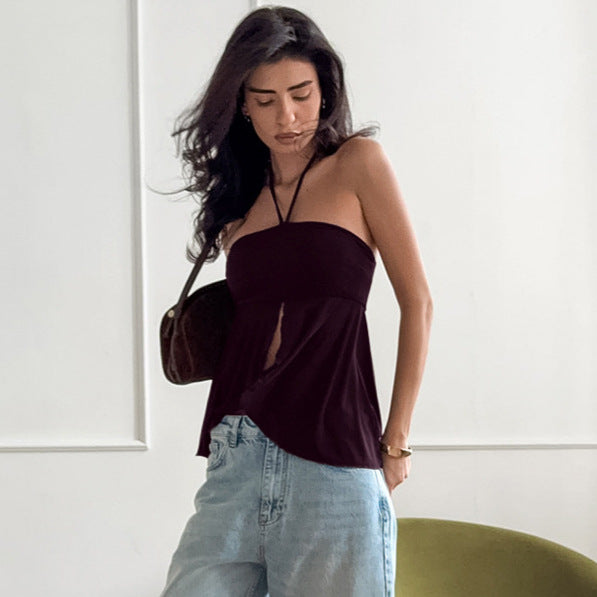 Sexy Retro Brown Halterneck Suspender Slit Camisole