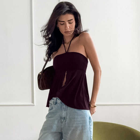 Women's Halterneck Backless Camisole | Modal Slit Top Brown - Meifu Market