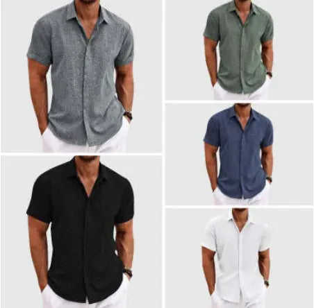 Men's Solid Color Loose Linen Short-sleeved T-shirt White - available style options