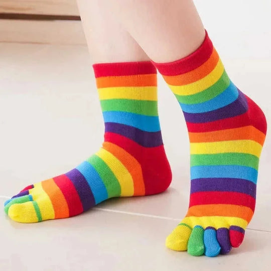 five-toe socks for women | breathable cotton blend material | rainbow striped ankle socks | ultrasonic cleaning