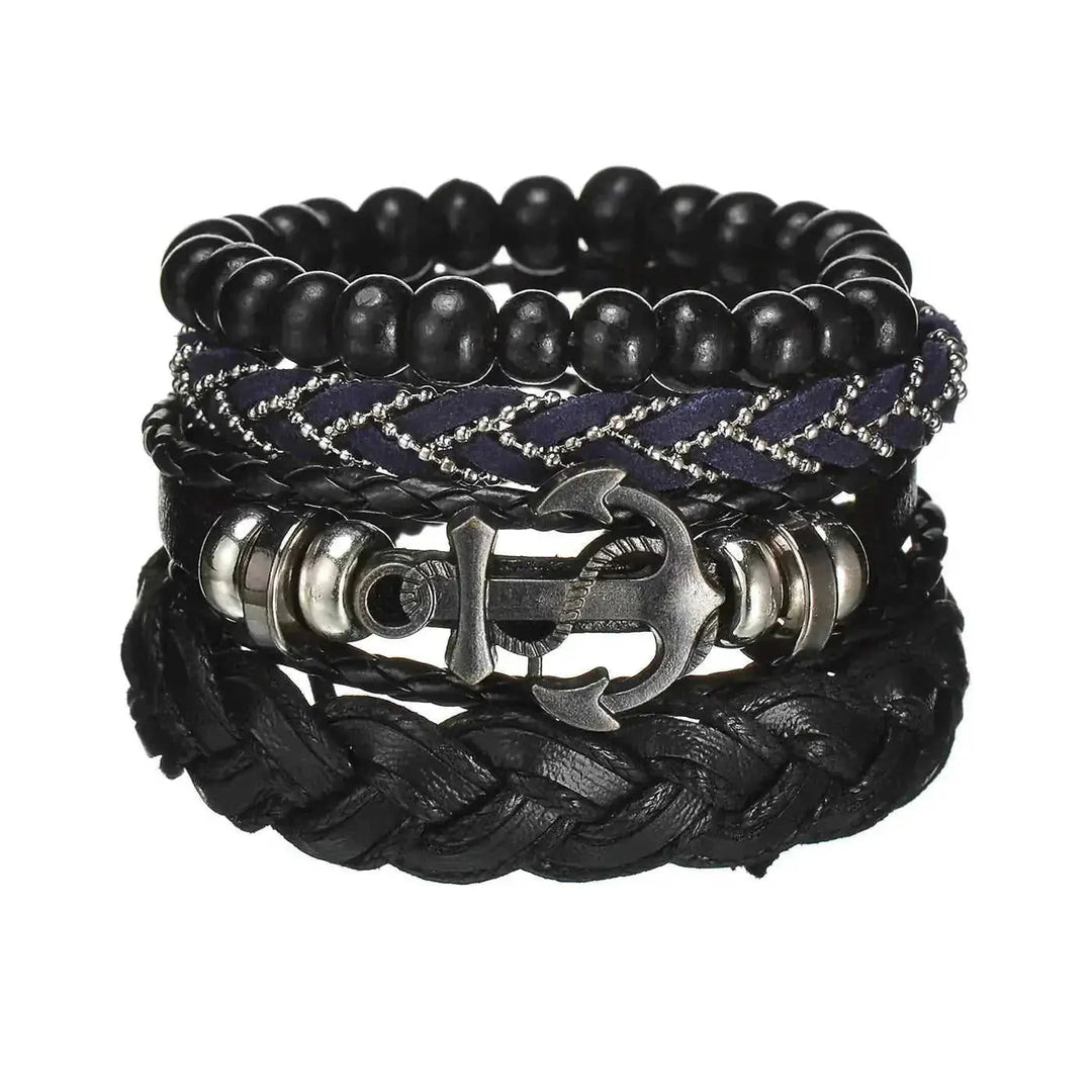 braided leather bracelet for men | vintage charm wood beads | adjustable wrap wristband | energy saving