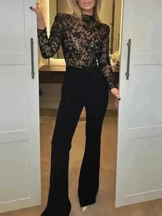 Black See-through Lace Long-sleeved Trousers Jumpsuit Black - main product image