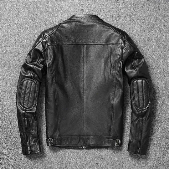 cowhide leather motorcycle jacket | genuine leather biker coat | stand collar leather jacket | ultrasonic cleaning