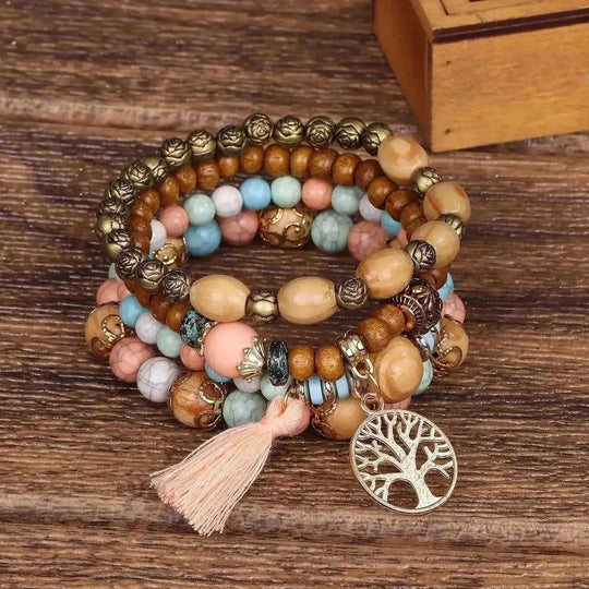 elastic bangle bracelet set | wooden beads jewelry | adjustable tree of life bracelet | ultrasonic cleaning