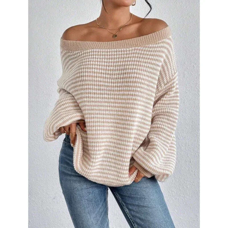 Women's Off-neck Shoulder-baring Sweater Contrast Color Meifu Market