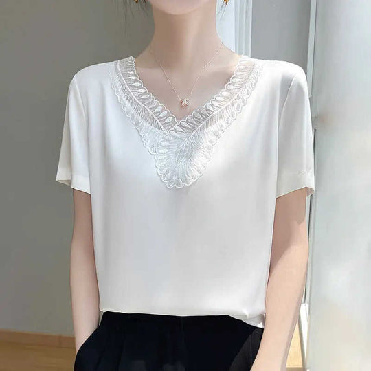 Acetate V-Neck Loose Short-Sleeve Top - Women's Commute Style - side view (material: denim, silk | color: white, black |...