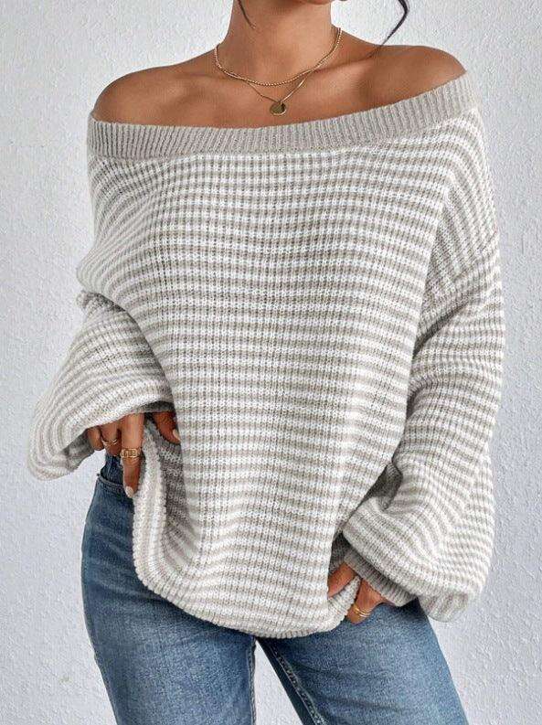 Women's Off-neck Shoulder-baring Sweater Contrast Color Meifu Market