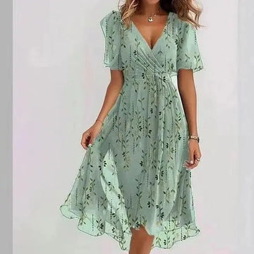 chiffon summer dress | printed short sleeve dress | elegant v-neck dress | energy saving