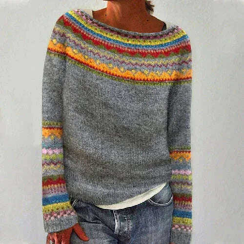 Women's Knitted Pullover Sweater - Round Neck Multicolor Loose Fit Top Meifu Market
