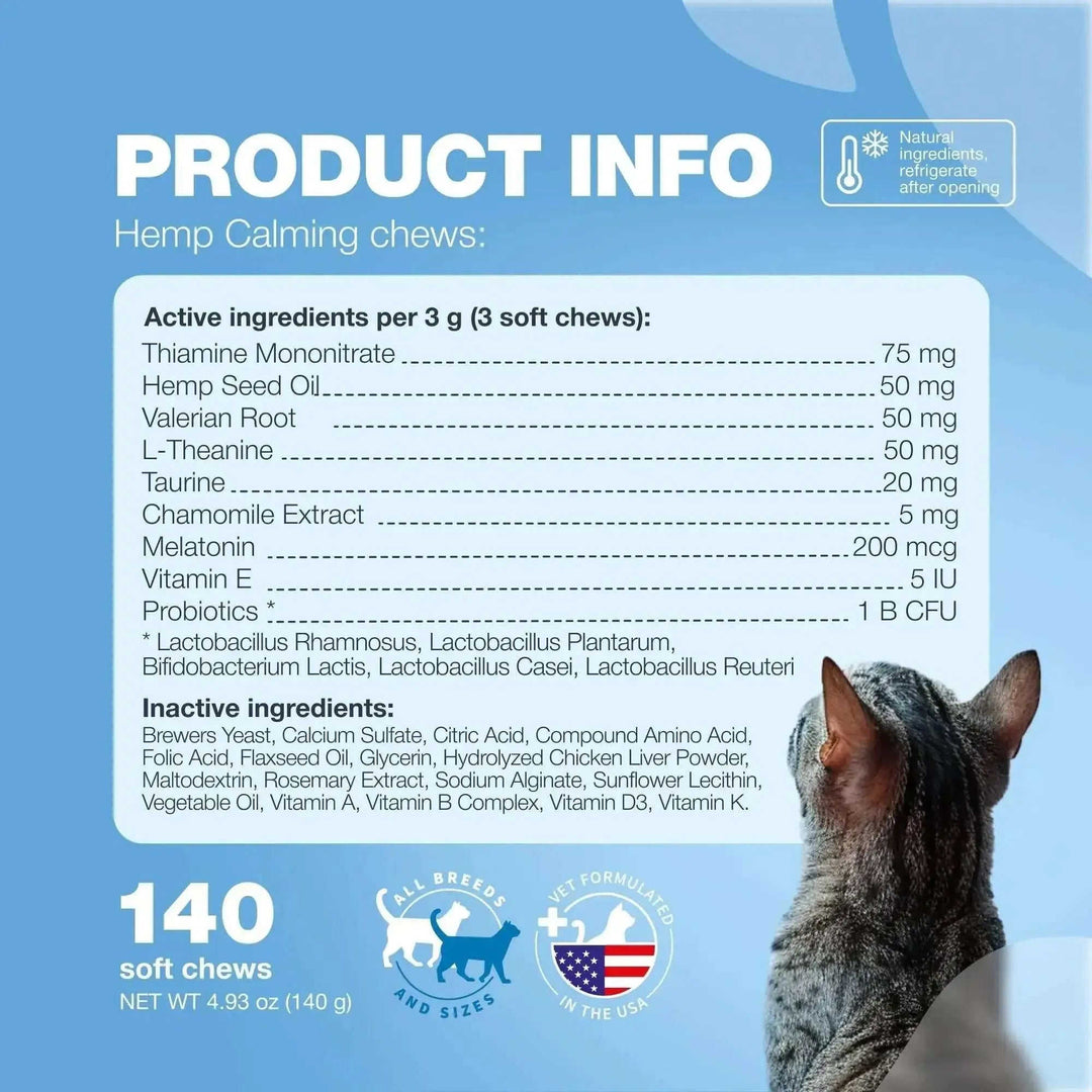 Cat Calming Treats Hemp Calming Care For Cats Cat Melatonin Soft Chews With Hemp Seed Oil And Probiotics Cat Anxiety Relie...