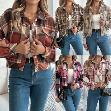 Autumn And Winter Casual Plaid Pocket Long Sleeve Woolen Jacket Coat Meifu Market