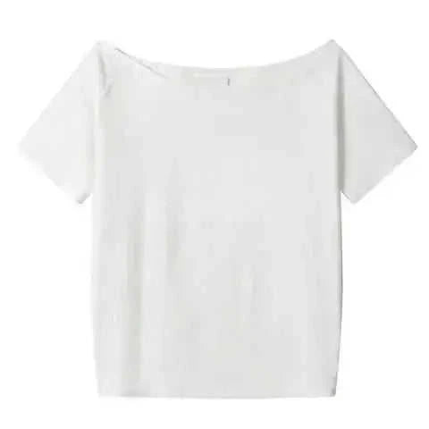 loose oblique shoulder top | short sleeve womens blouse | breathable cotton fabric | ultrasonic cleaning