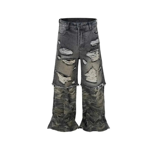 Camouflage Stitching Micro-pull Wide Leg Ripped Ripped Jeans - Meifu Market