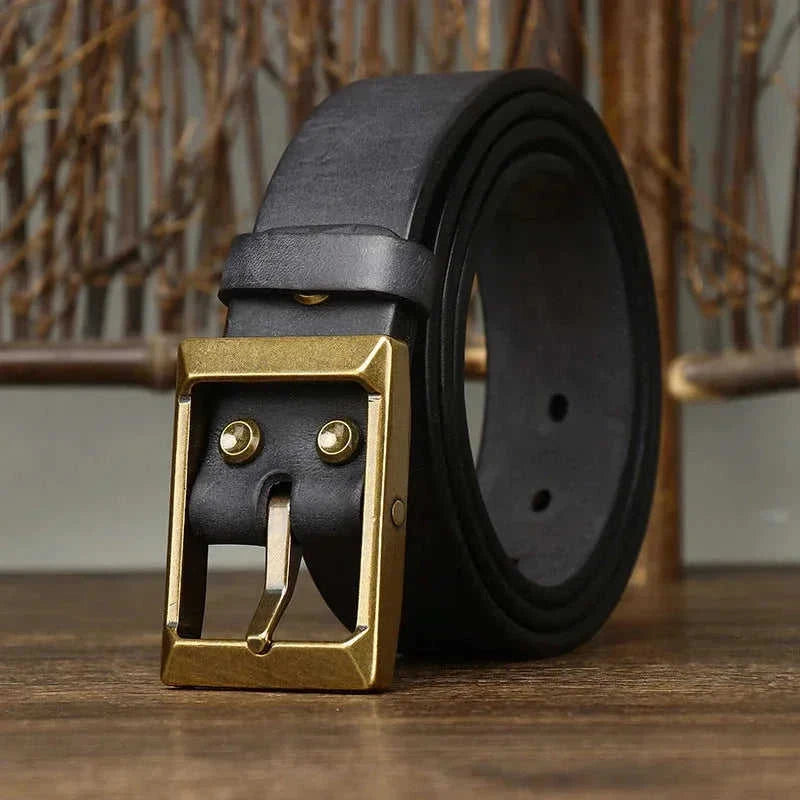 thick full-grain cowhide belt | solid brass roller buckle | heavy-duty leather belt | energy saving