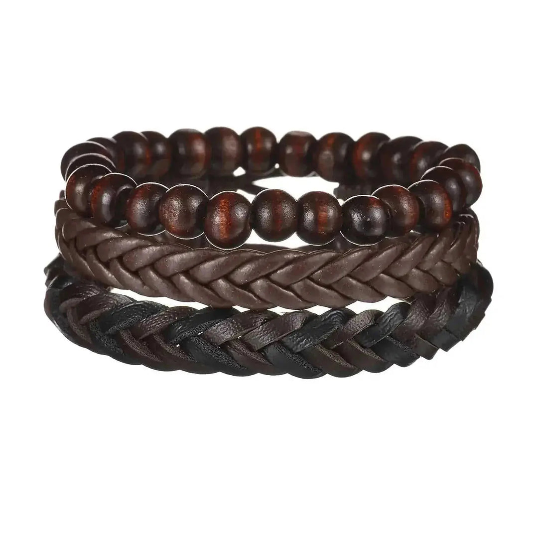 braided leather bracelet for men | vintage charm wood beads | adjustable wrap wristband | ultrasonic cleaning