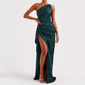 one shoulder satin dress | backless slit evening gown | elegant summer bodycon dress | ultrasonic cleaning