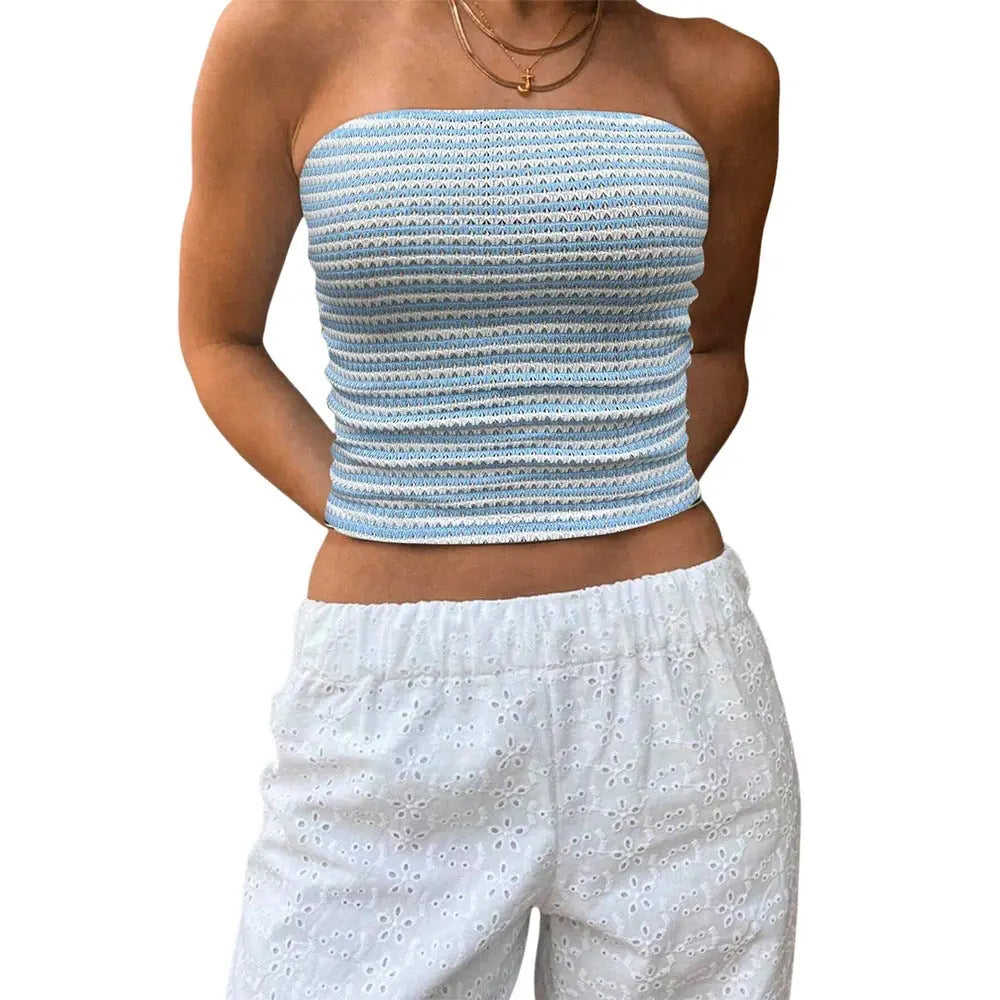 Blue And White Striped Strapless Sleeveless Off-shoulder Cropped Tank Top L - women female clothes-blue and white striped ...