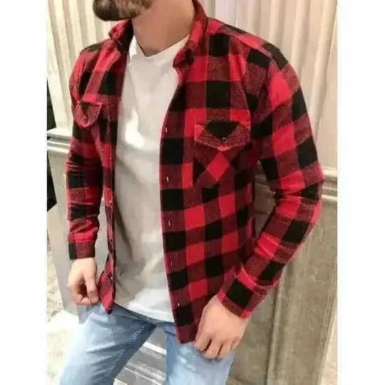A Long-sleeved Pocket Checked Shirt With A Lapel For Young Men In Autumn And - main view (material: cotton, denim |...
