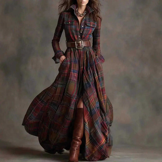 French Retro Plaid Dress - Plus Size Belted Waist Irregular Hem Dress Meifu Market