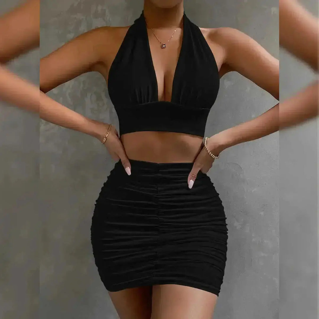 2pcs Dress Suits For Women Halter Lace-up Hip Top And Pleated Hip-covering Skirt - view 7 (material: lace, polyester |...