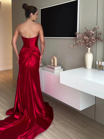 extra long slit evening dress | red tube top maxi dress | formal gown with thigh high slit | ultrasonic cleaning