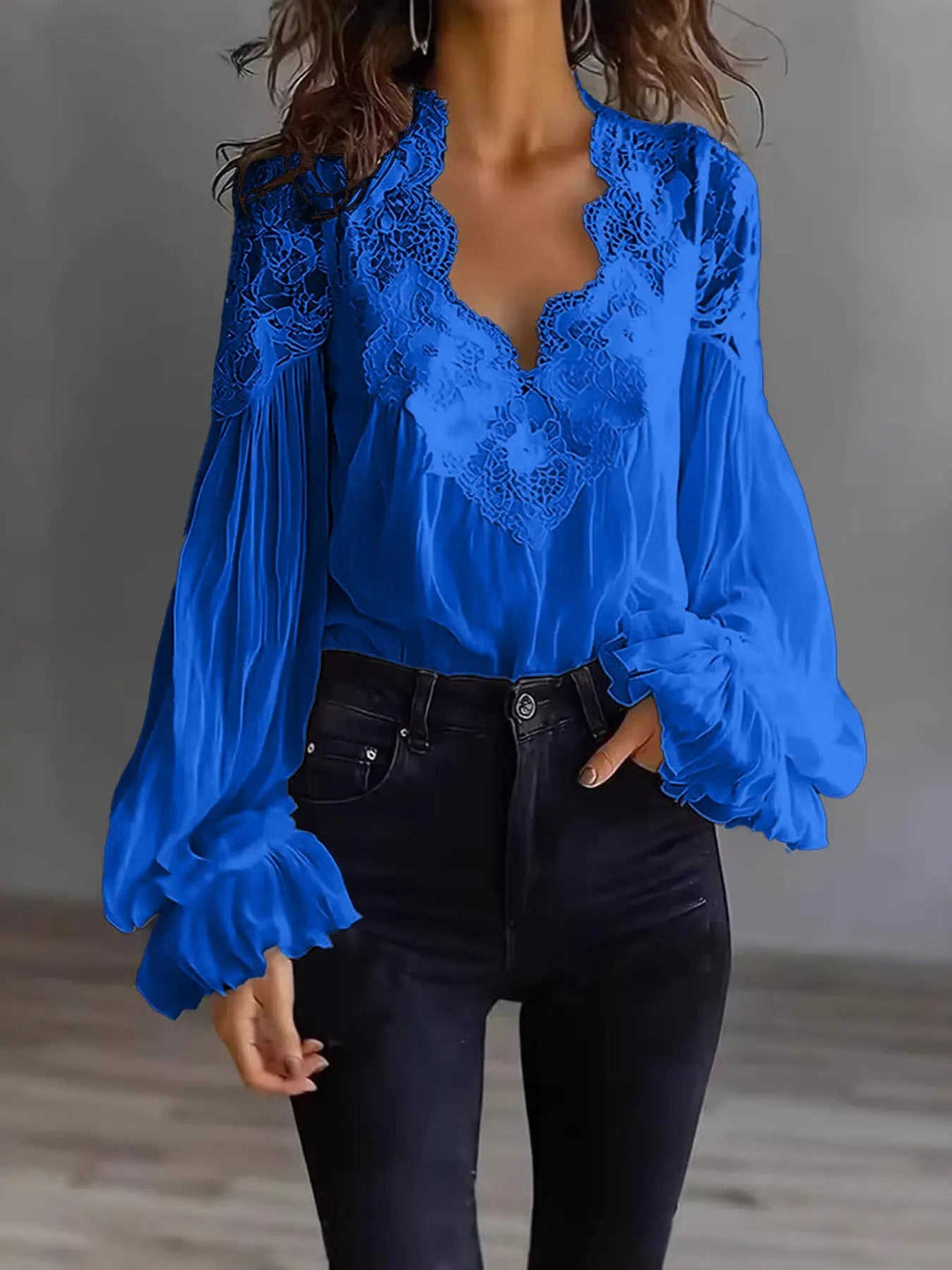 Women's Lace-Panel Puff-Sleeve Pleated Shirt - Meifu Market