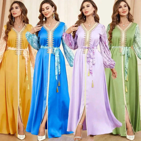 patchwork embroidery dress | long sleeve maxi dress | puff sleeve arabic dress | ultrasonic cleaning