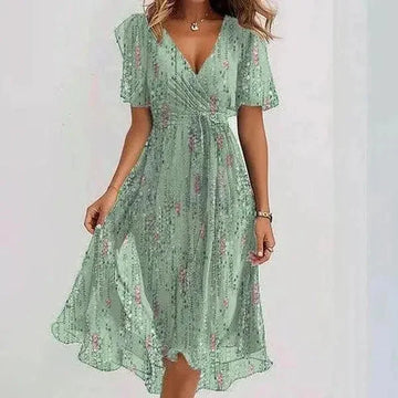 chiffon fabric dress | floral printed summer dress | v-neck short sleeve dress | ultrasonic cleaning