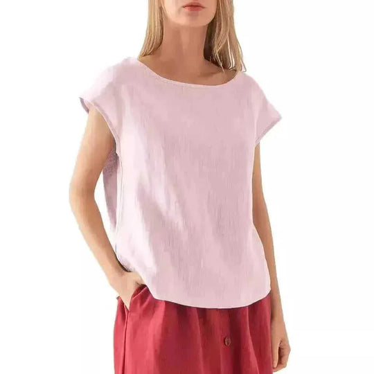 linen blend fabric | breathable short sleeve t-shirt | loose fit casual top | energy saving